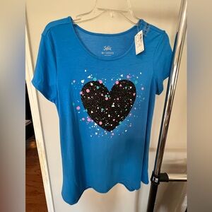 Justice Blue top with sparkling Heart 18 Plus